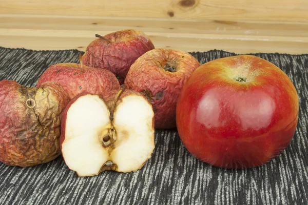 İki farklı elmalar, taze ve solmuş. Küflü elma cilt sorunları kavramı gibi. Çürük elma.