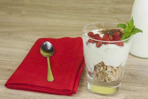 Zelfgemaakte yoghurt, havermout met aardbeien en chocolade. Besprenkeld met cacao. Ingericht met een gezond ontbijt. — Stockfoto