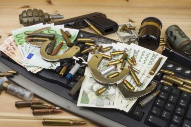 Internet illegal arms trade. Merchant arrest illegal ammunition. Internet crime. Current euro banknotes and Czech koruna. clipart