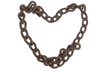 Heart of rusty chain. Old rusty iron chain folded into the shape of a heart. Old love never dies. Isolated on white.