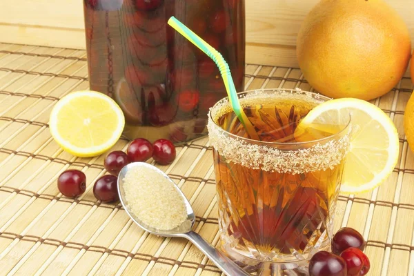 Glasses with cherries with rum. Preparing for summer refreshment cocktail. Cane rum and sugar. Sour pickled in rum. — Stock Photo, Image