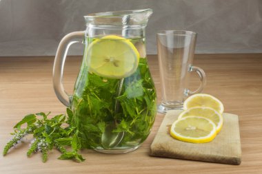 Taze ev yapımı nane çayı. Cazip yaz ferahlık. Sağlıklı, şekersiz içecek yenileniyor. Bir cam kavanoza limon nane çayı. Çay hazırlama.