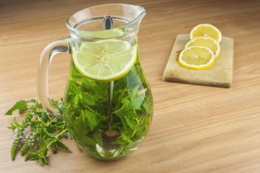 Taze ev yapımı nane çayı. Cazip yaz ferahlık. Sağlıklı, şekersiz içecek yenileniyor. Bir cam kavanoza limon nane çayı. Çay hazırlama.