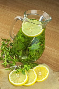 Taze ev yapımı nane çayı. Cazip yaz ferahlık. Sağlıklı, şekersiz içecek yenileniyor. Bir cam kavanoza limon nane çayı. Çay hazırlama.