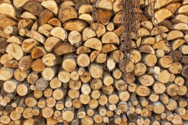 A halmozott fa háttér. Különböző típusú fa naplók egymásra. Verem a fa, tűzifa, háttér. Száraz aprított tűzifa naplók készen áll a téli. — Stock Fotó