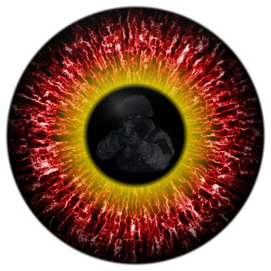 Killer zombies. zombie eyes with the reflection headed soldier. Eyes killer. Deadly eye contact. Animal eye with contrast colored iris, detail view into eye.
