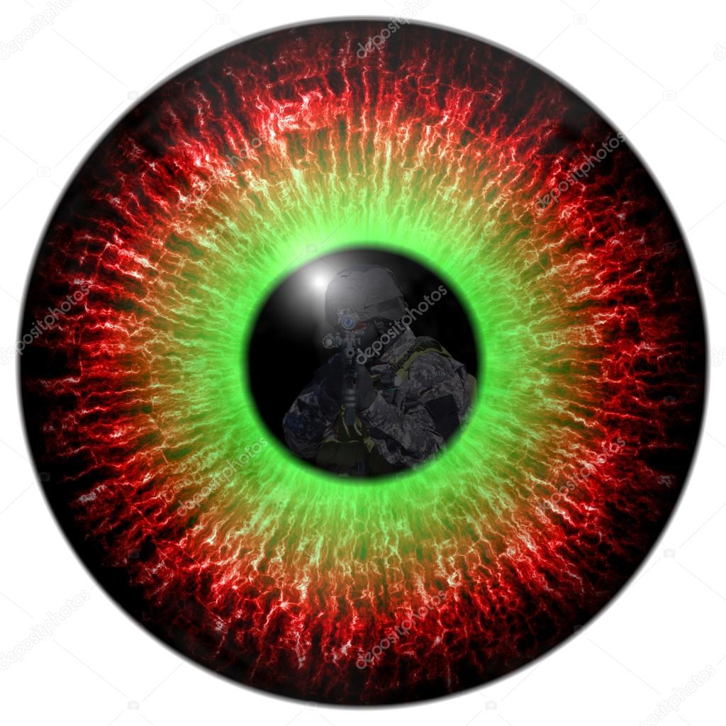 Killer zombies. zombie eyes with the reflection headed soldier. Eyes killer. Deadly eye contact. Animal eye with contrast colored iris, detail view into eye.