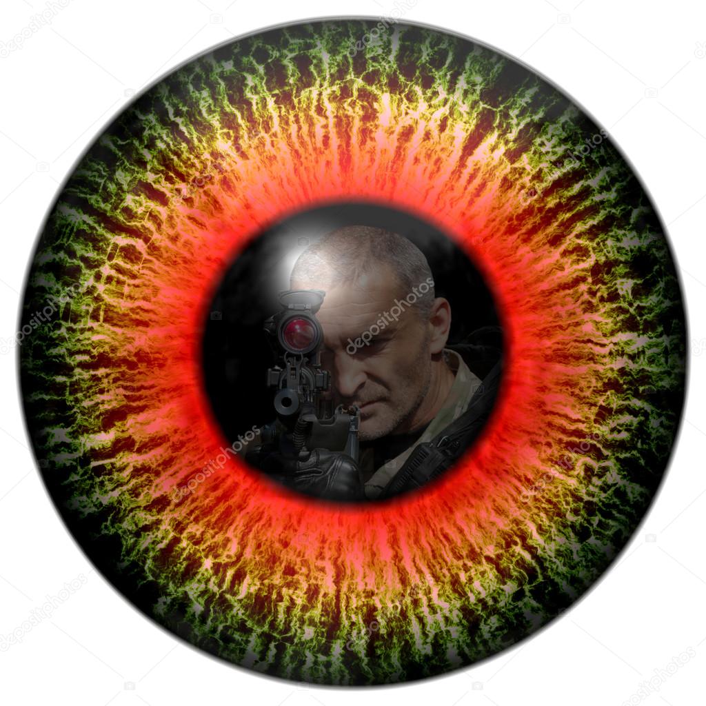 zombie eyes with the reflection headed soldier. Eyes killer. Deadly eye contact. Animal eye with contrast colored iris, detail view into eye. Killer zombies.