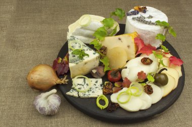 Peynir sütten yapılmış bir kesme tahtası üzerinde çeşitli türleri. Süt ve süt ürünleri. Küflü ve füme peynir, ev yapımı atıştırmalık hazırlanıyor.