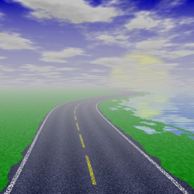 Asfalt yol çizgi yolda doku, sarı ve beyaz. Açık yol Otoban yeşil çim ve bir asfalt Caddesi ile mavi gökyüzü ile. Yol güneşe, mutluluk yolunu kavramı lider.