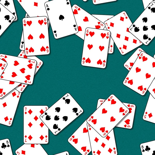 카드 놀이 녹색 테이블에 흩어져. 원활한 패턴 질감 배경입니다. 게임 카지노에서 테이블. — 스톡 사진