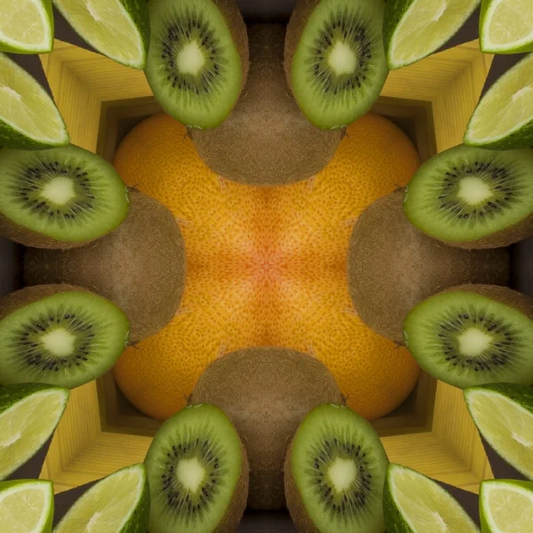 Texture sans couture à la nappe de la salle à manger. Texture lime, kiwi, orange et noix de coco. Motif tropical imprimé. Impression sur T-shirt, parapluie. La décoration imprimée sur le tissu . — Photo