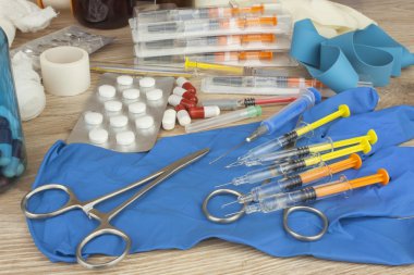 Flu epidemic. Vaccination against influenza epidemic. Syringe and Sterile Vial Filled with Medication Solution. An Injection Pharmaceutical Dosage Form.