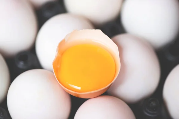 Fresh broken egg yolk / Chicken eggs and duck eggs collect from farm products natural in box healthy eating concept