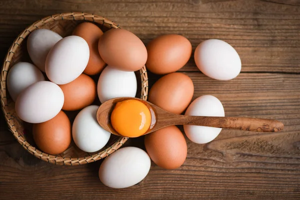 Chicken eggs and duck eggs collect from farm products natural in a basket healthy eating concept / Fresh broken egg yolk