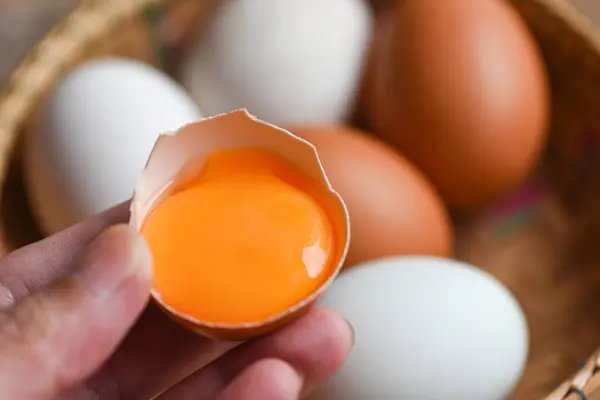 鶏の卵とアヒルの卵は バスケットの健康的な食事のコンセプトで天然の農産物から収集 新鮮な壊れた卵の黄身 — ストック写真