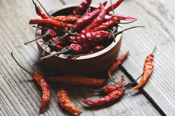 Dried chili on bowl / Red dried chilli pepper cayenne on a wooden background