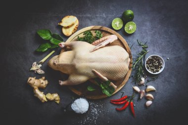 Çiğ ördek ve baharat. Koyu palette pişirmeye hazır. Tahta tepside taze ördek eti.