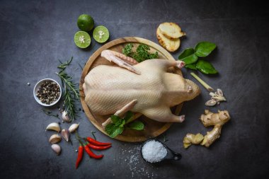 Yemek için ahşap tepside taze ördek eti, çiğ ördek ve baharat. Koyu palette pişirmeye hazır. 