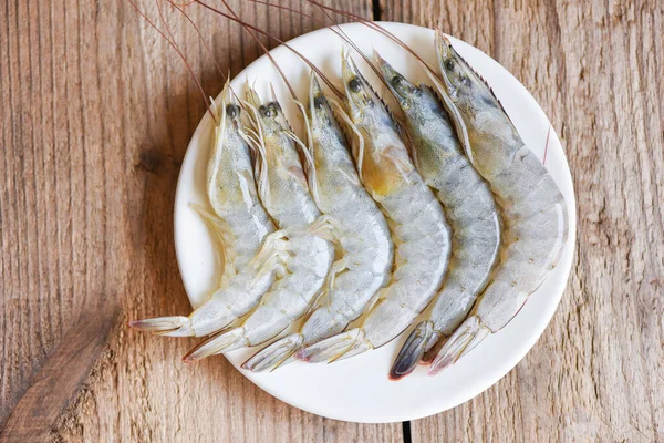 Udang Mentah Udang Piring Putih Udang Segar Seafood Untuk Makanan — Stok Foto