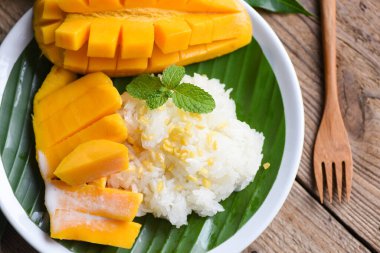 Hindistan cevizi sütüyle pişirilmiş olgun mango pilavı, yapışkan pirinç yaz tropik meyve Tayland tatlı mango kabuğu ve taze nane yaprağı.