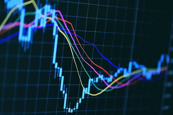 外国為替グラフ事業又は株式グラフ市場取引所 技術価格は チャートコンピュータ画面の背景に指標と燭台 金融投資貿易のための株式取引グラフィックデザイン — ストック写真