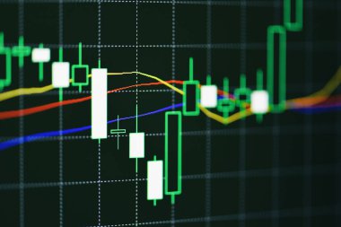 Eski grafik işleri veya borsa grafikleri değişimi, teknik fiyat şamdanı, bilgisayar ekranında gösterge olan gösterge, finansal yatırım ticareti için hisse senedi grafik tasarımı