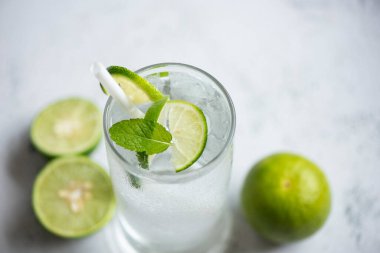 Yaz içeceği, sulu limon dilimleri, egzotik yaz içkileri soğuk içecekler, buzlu taze meyve, mojito limonlu ev yapımı kokteyl çayı ve nane yaprağı.