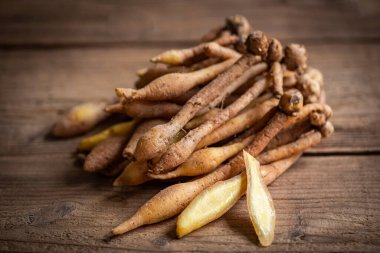 Kaempfer kökü yiyecek ve Tayland veya Çin bitkisel tıp doğası - Diğer adları Fingerroot (Çin Ginger, Galingale, Kaempfer, Boesenbergia rotunda, Krachai )