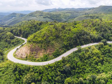 Hava manzaralı orman doğası, dağdaki yeşil ağaçta araba, yukarıdan tepedeki yol eğrisi, dağdaki kuş bakışı yol, yeşil orman, taze çevre.
