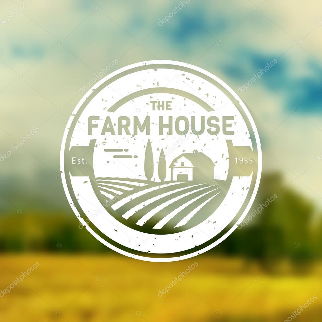 Farm House concept logo. Vintage logo template with farm landscape on blurred background. Grunge label for natural farm products. White logotype in flat style. Vector illustration.