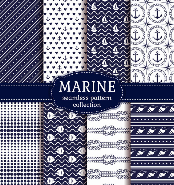 Sea and nautical seamless patterns set. 