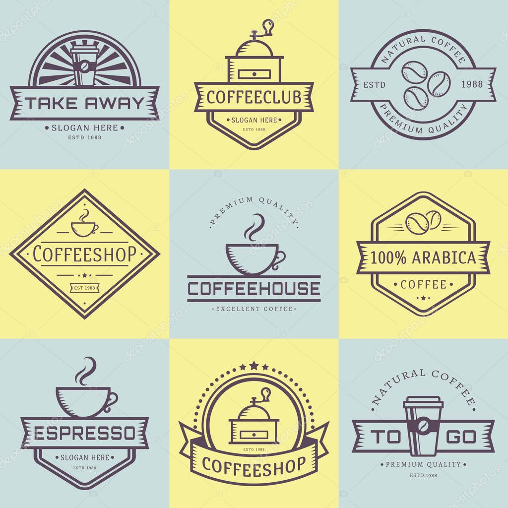 Coffee logo collection. Templates in outline style. Set of retro labels for coffee shop or cafe. Isolated logotypes on yellow and blue stickers. Vector illustration.