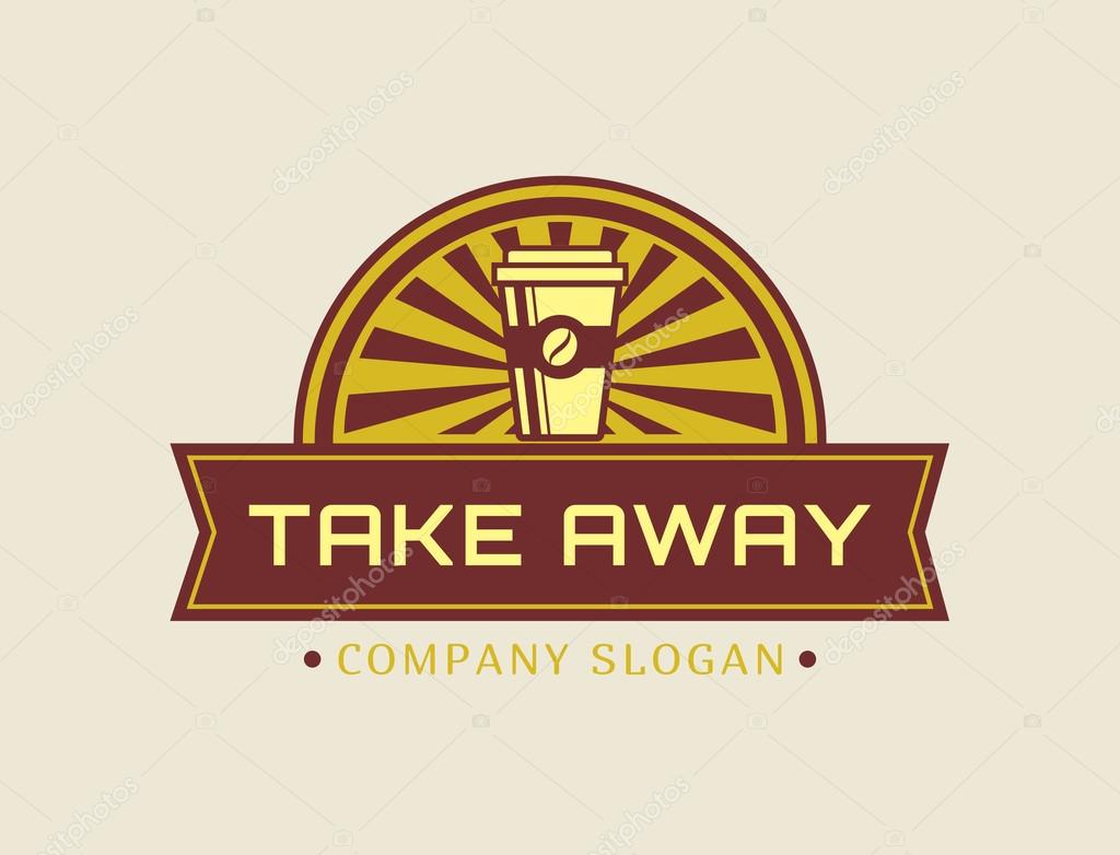 Coffee take away logo. Template in retro style for coffee shop or cafe. Logotype isolated on white background. Vector concept badge.