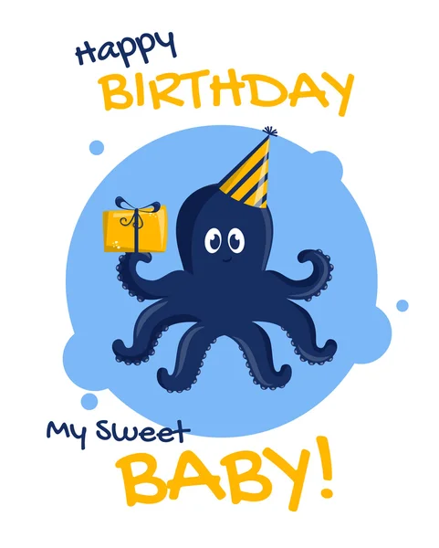 Tarjeta de cumpleaños con pulpo . — Vector de stock