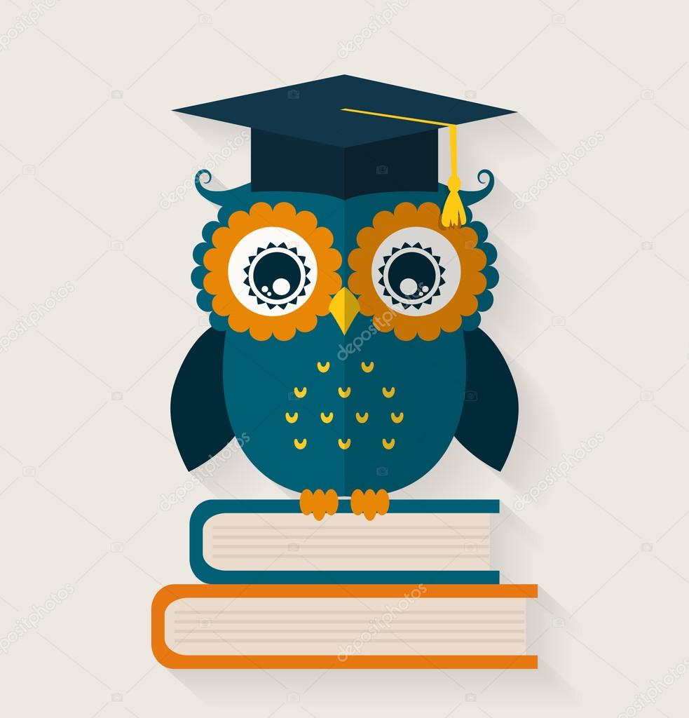 Wise owl in graduate cap sitting on the books. School and education themes. Flat design. Vector illustration.