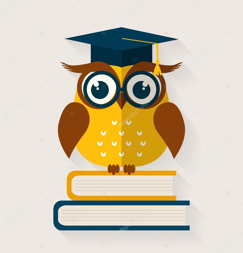 Wise owl with books and graduate cap. Flat design. Vector illustration.
