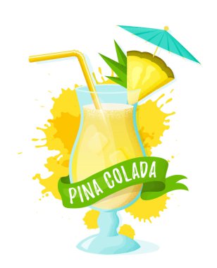 Ananas dilimi, saman ve şemsiyeli Pina colada. Bir bardak alkollü içki, kurdele ve meyve suyuyla modern afiş. Vektör illüstrasyonu beyaz arkaplanda izole edildi.