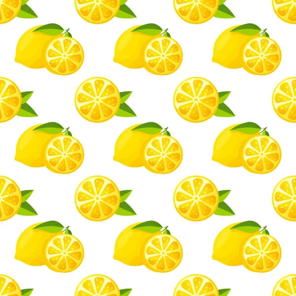 Seamless Pattern Lemons Vector Background Citrus Fruit Leaves — Stock Vector