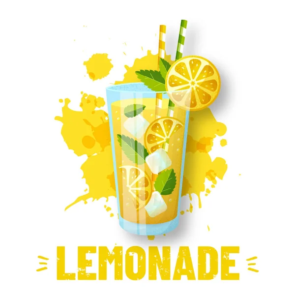 Lemonade Vector Illustration Modern Banner Glass Juice Splashes Isolated White — Stock Vector