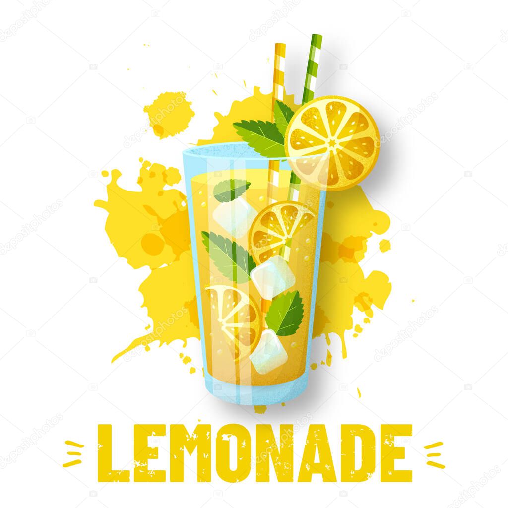 Lemonade - vector illustration. Modern banner with glass and juice splashes isolated on white background. Fresh and sweet summer drink with lemon slices, ice and mint.