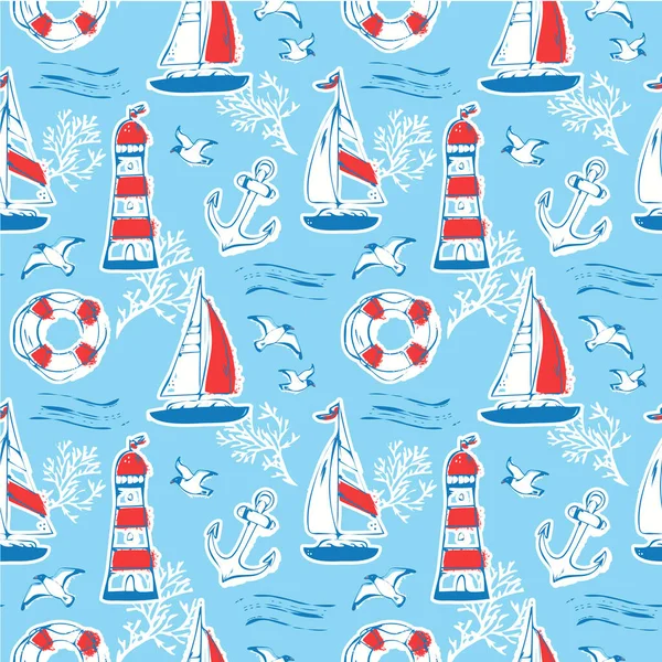 Nautical Seamless Pattern Sail Boat Lighthouse Seagull Anchor Other Marine — Stock Vector