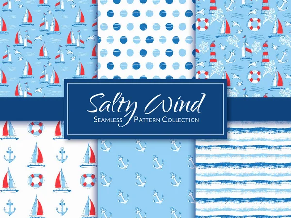 Nautical Seamless Pattern Collection Sail Boats Lighthouses Seagulls Anchors Other — Stock Vector