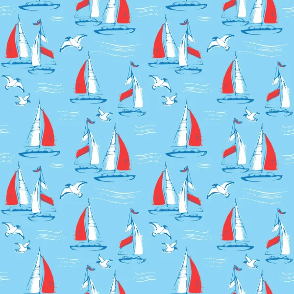 Nautical Seamless Pattern Sail Boats Seagulls Sea Background Vector Illustration — Stock Vector
