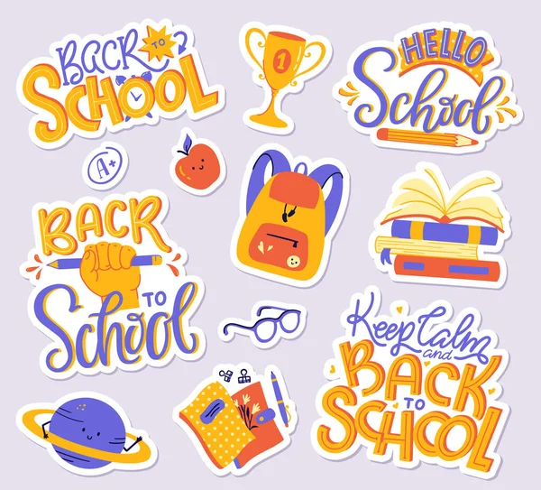 School Sticker Pack Books Copybooks Backpack Planet Apple Glasses Grade — Stock Vector