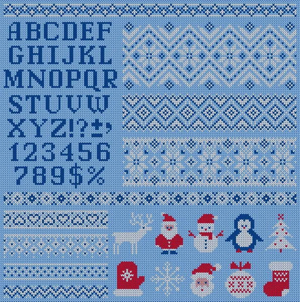 クリスマス 新年や冬のデザインのためのニットセーターパターン 要素やアルファベット ベクトルセット 北欧のシームレスな装飾品 サンタ 雪の結晶 クリスマスツリー 雪だるまなど — ストックベクタ