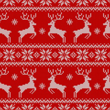 Geyiklerle ve geleneksel İskandinav süsüyle örülmüş pürüzsüz desenler. Noel, yeni yıl ya da kış tasarımı için kırmızı ve beyaz süveter. Vektör illüstrasyonu.