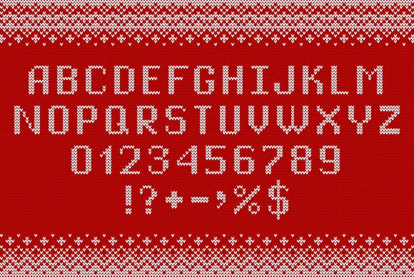 Schrift Pullover Gestrickte Buchstaben Zahlen Und Symbole Für Weihnachten Neujahr — Stockvektor