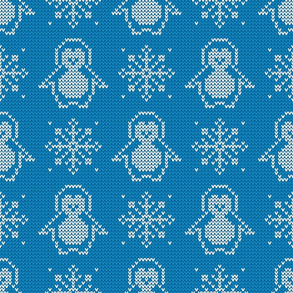Knitted Seamless Pattern Penguins Snowflakes Winter Sweater Background Vector Illustration — Stock Vector