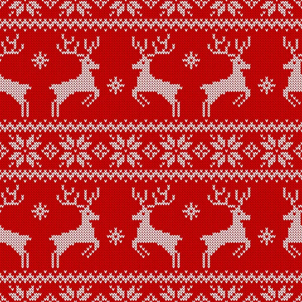 Knitted Seamless Pattern Deers Traditional Scandinavian Ornament Red White Sweater — Stock Vector